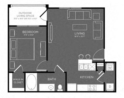 Floor plan for 1 bed, 1 bath, 619 sqft